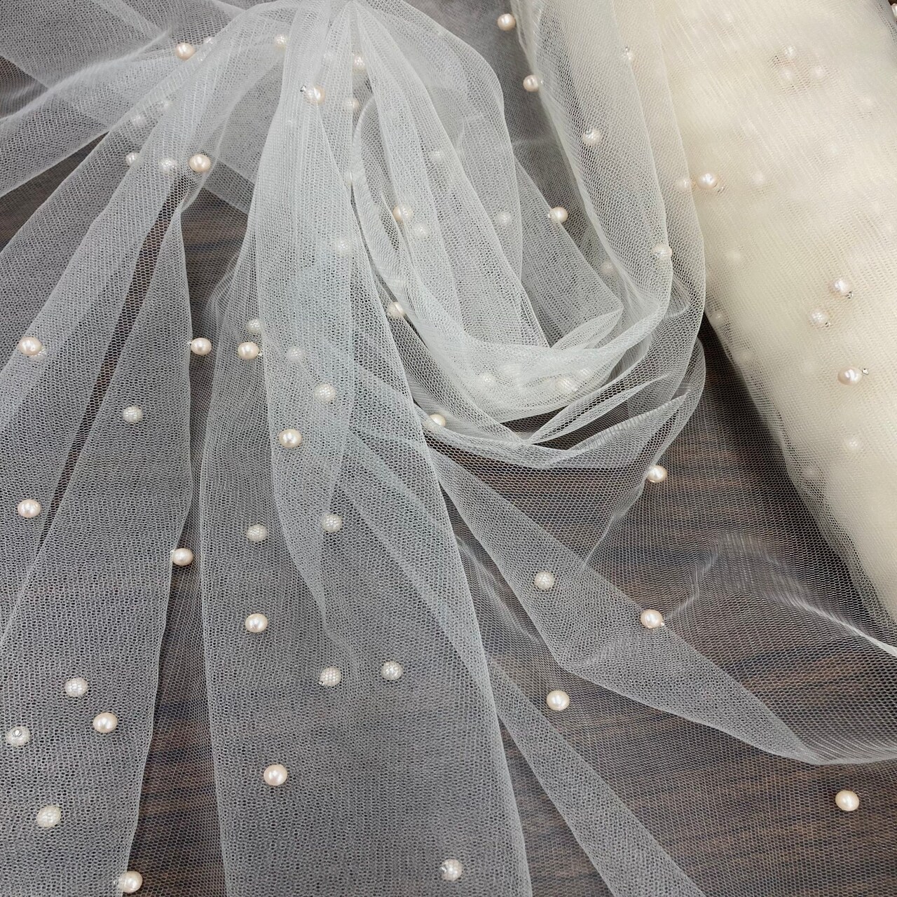 1 Yard 2-Way Stretch Net Mesh Fabric with Scattered Pearls 60" Wide Soft Tulle for Gowns, Veils, and Special Occasion Wear
